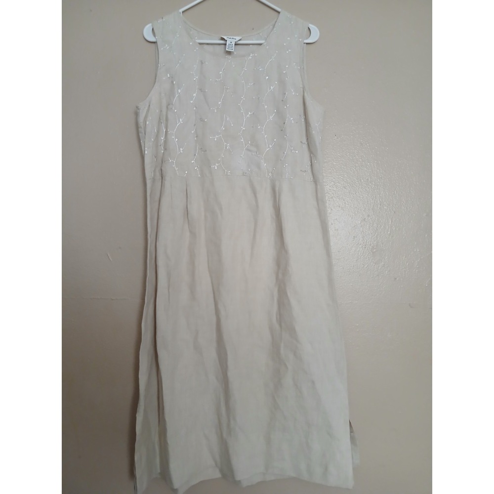 Talbots Dress 14 Irish Linen Embroidered Midi Resort Beach Cruise Bohemian VTG